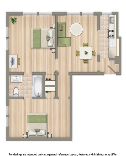 Floor plan for 2 beds, 1 bath, 774 sqft